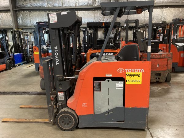 TOYOTA 4,000 LBS. CAPACITY CUSHION TIRED ELECTRIC STAND UP FORKLIFT