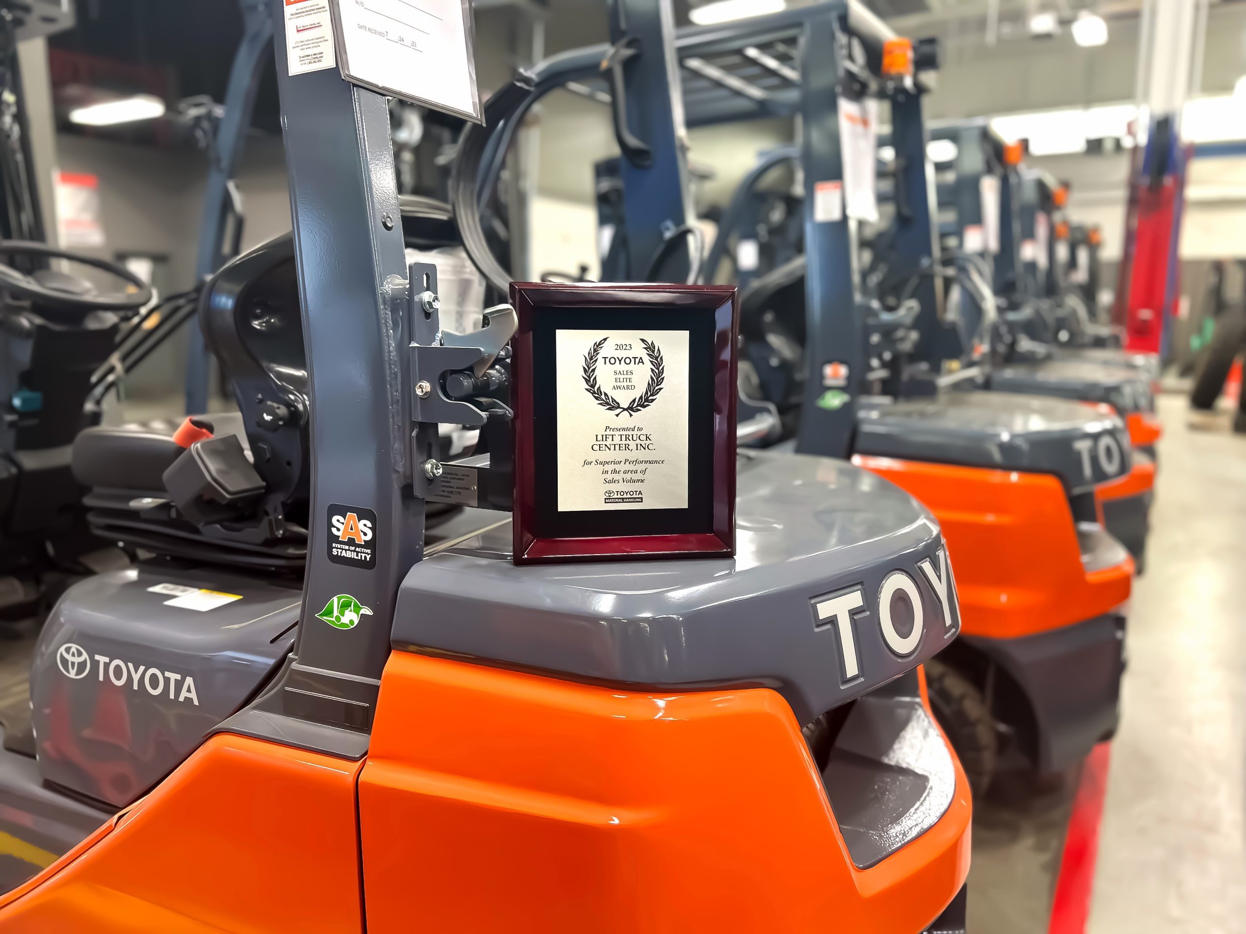 toyota sales award on back of a toyota forklift
